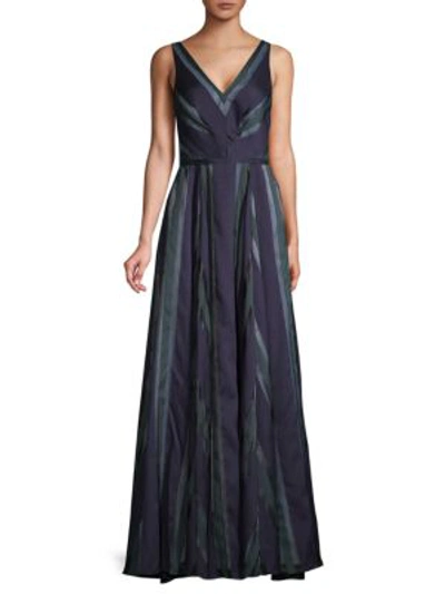 Carmen Marc Valvo Infusion Striped V-neck Gown In Navy