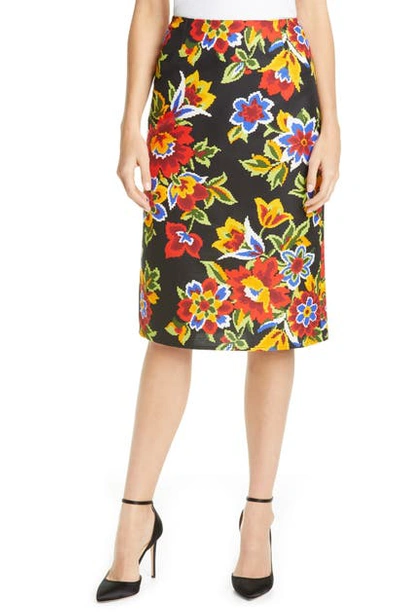 Carolina Herrera Pixel Floral Pencil Skirt In Black Multi