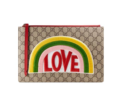 Pre-owned Gucci Pouch Gg Supreme Rainbow Beige/hibiscus Red