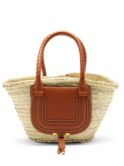 Chloé Marcie Leather-trimmed Raffia Basket Bag In Brown