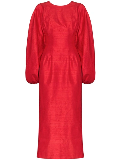 Rasario Balloon-sleeve Raw-silk Dress In Red