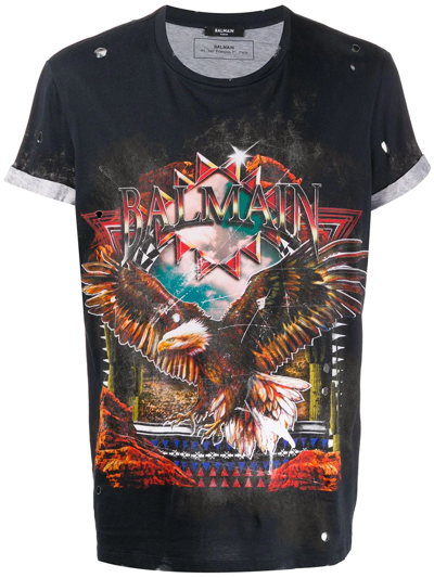 Balmain Eagle-print Cotton T-shirt In Black,brown,red