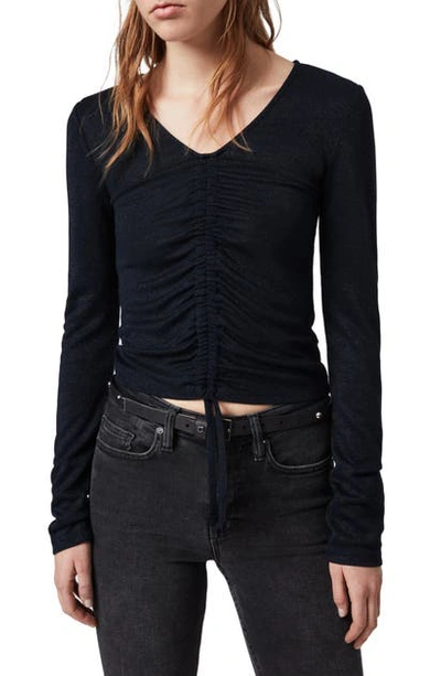 Allsaints Rina Glitz Ruched Drawstring Top In Ink Blue