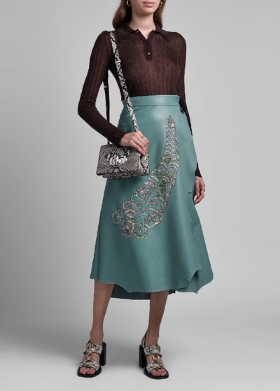 Prada Beaded Feather Embroidered Leather Skirt In Green