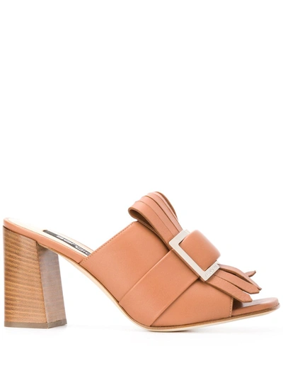 Sergio Rossi Fringed Buckle-embellished Sandals In Brown