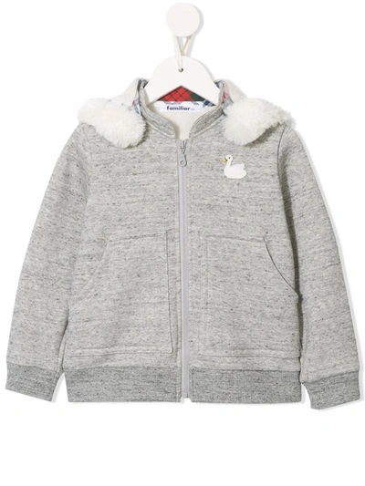 Familiar Kids' Long Sleeve Faux Fur Trimmed Hoodie In Grey