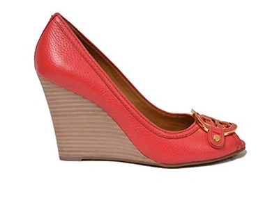 Tory Burch Amanda Wedge Shoes Leather Open Toe Logo In Carnival Red High |  ModeSens