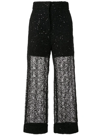 Self-portrait Sequinned Lace Trousers In Black