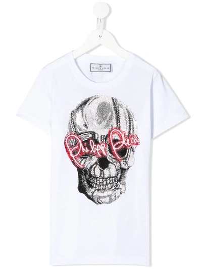 Philipp Plein Junior Kids' Embellished Skull Print T-shirt In White