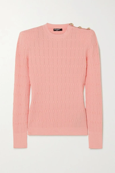 Balmain Button-embellished Ribbed-knit Sweater In Pink