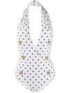 Balmain Button-embellished Polka-dot Wrap-effect Swimsuit In White