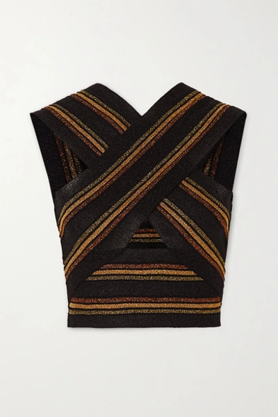 Balmain Cropped Cutout Striped Wool And Metallic Knitted Top In Black