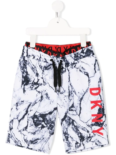 Dkny Kids' Drawstring Marble-effect Shorts In White
