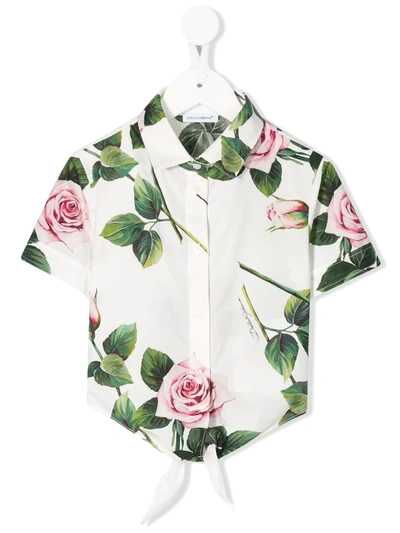 Dolce & Gabbana Kids' Rose Print Cropped Shirt In White