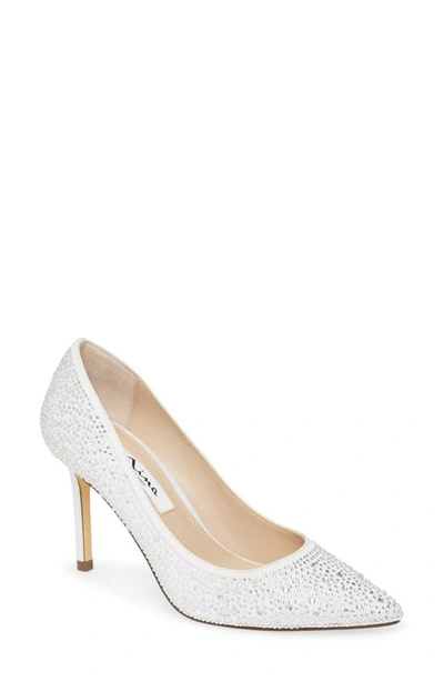 Nina Nickie 2 Crystal Studded Pointy Toe Pump In White Satin