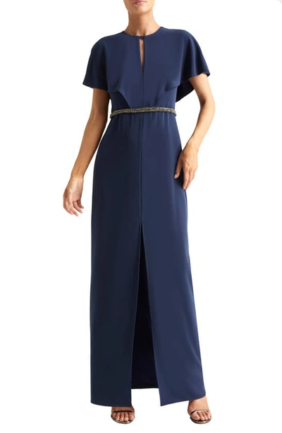 Halston Heritage Cape Sleeve Gown In Navy