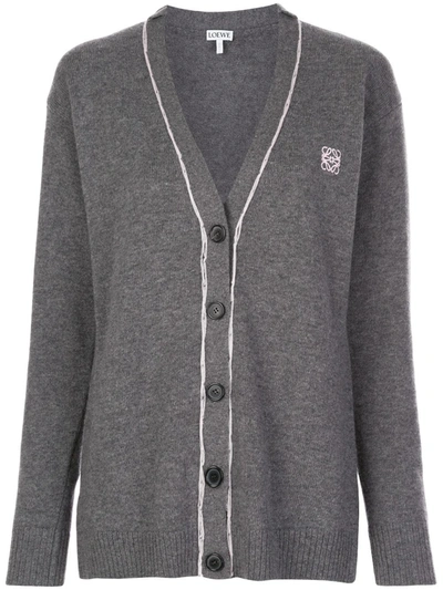 Loewe Contrast Piping Knit Wool Cardigan In Grey