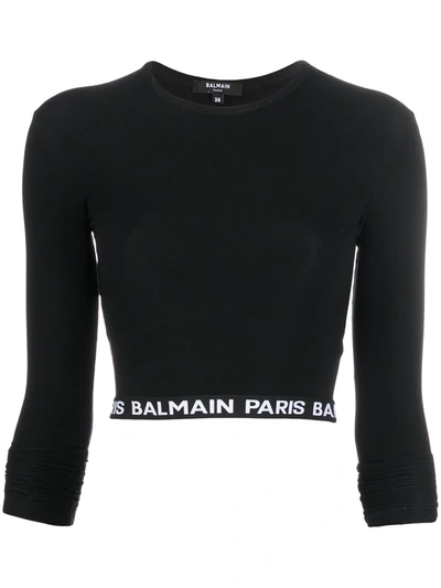 Balmain Logo Waistband Cotton Crop Top In Black