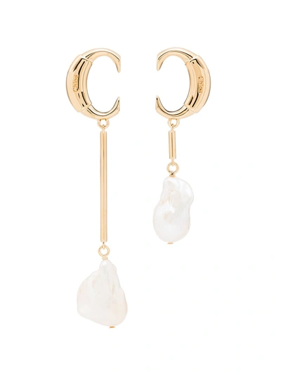Chloé Asymmetric Gold-plated Pearl Drop Earrings In White