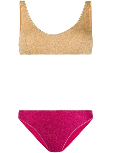Oseree Shimmer Mix And Match Bikini Set In Gold/fuchsia