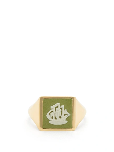 Ferian Wedgwood Ceramic Ship Cameo And Gold Signet Ring