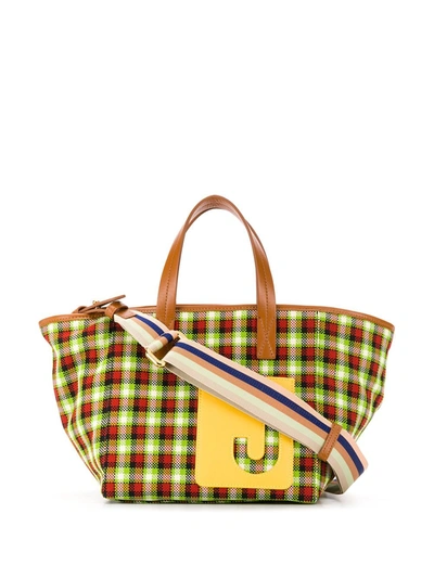 La Doublej Mini Mama Leather-trimmed Checked Canvas Tote Bag In Green