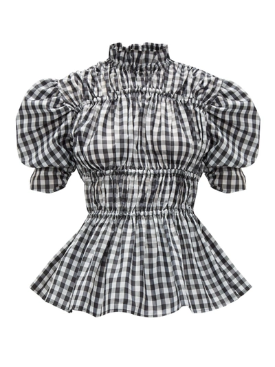 Romance Was Born Puff-sleeve Ruched Gingham Taffeta Blouse In Black
