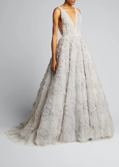 J Mendel V-neck Tulle Gown With Ruffled Pattern & Embroidery In Light Gray