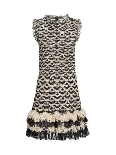Oscar De La Renta Crocheted Sleeveless Fringe-hem Dress In Ivory Black