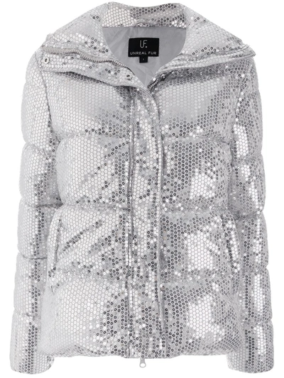 Unreal Fur Sequin Embellished Padded Jacket In Silver