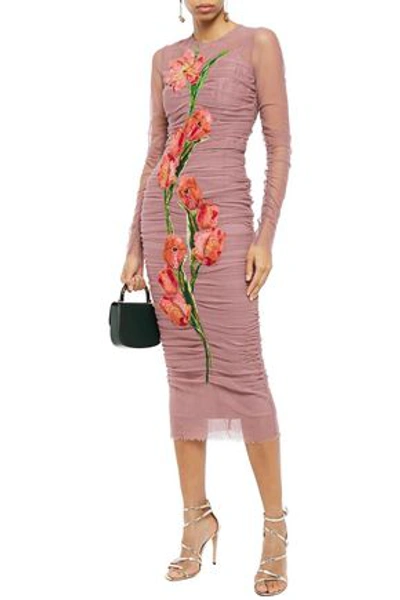 Dolce & Gabbana Floral-appliquéd Ruched Tulle Midi Dress In Antique Rose