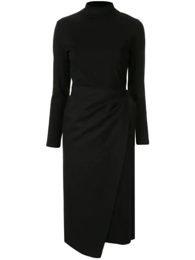 Goen J Wrap-effect Cotton-jersey Turtleneck Midi Dress In Black