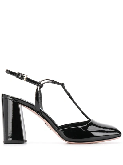 Prada Patent Leather T-strap Pumps In Black