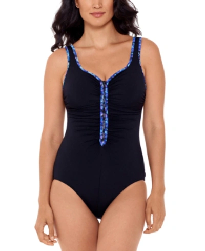 Reebok Reflecting Rebel Zipper One-piece Swimsuit Women's Swimsuit In Black/blue