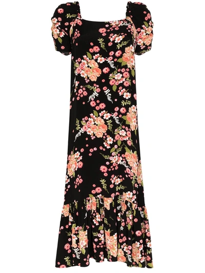 Bytimo Summer Of Love Puff-sleeve Flounce Midi Dress In Flora Black
