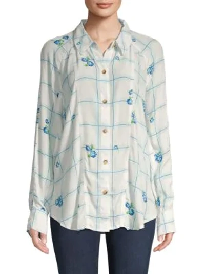 Free People Windowpane Check Floral Shirt In Zinc White