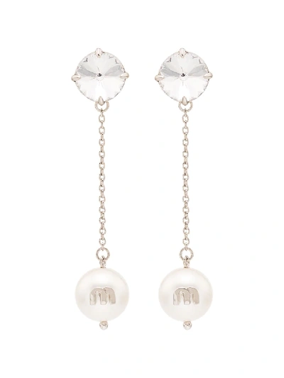 Miu Miu Silver Tone Crystal Pearl Drop Earrings In White