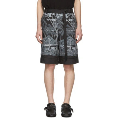 Sacai Sun Surf Diamond Head Printed Voile Shorts In Black