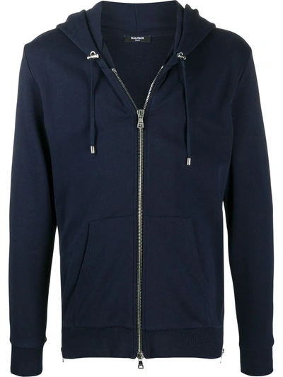 Balmain Logo Detail Zip-up Hoodie In Blue