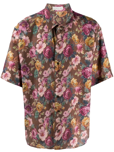 Etro Short Sleeved Floral Print Shirt In Brown