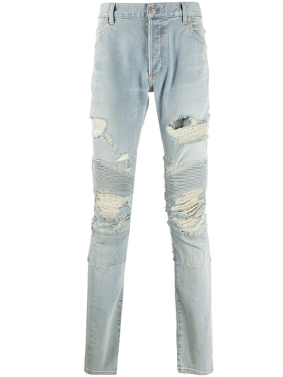 Balmain Ripped Skinny-fit Biker Jeans In Blue