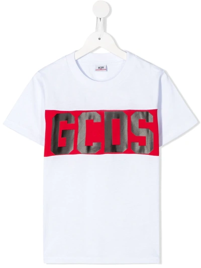 Gcds Kids' Short Sleeve Logo Stamp T-shirt In White