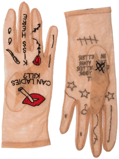 Tender And Dangerous Neutral Slogan Embroidered Tulle Gloves In Neutrals