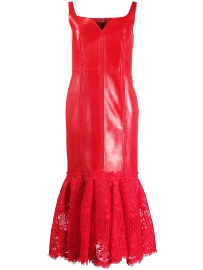 Alexander Mcqueen Leather & Lace Peplum Midi Dress In Red