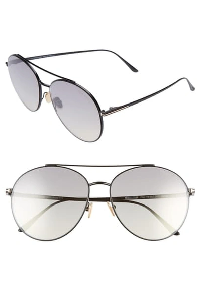 Tom Ford Cleo 59mm Round Aviator Sunglasses In Shiny Black/ Smoke Mirror