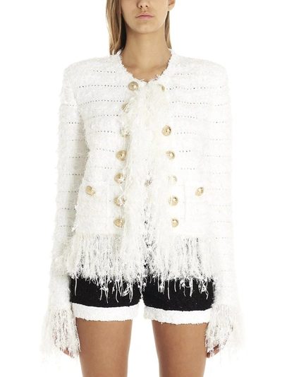 Balmain Tweed Collarless Jacket In White