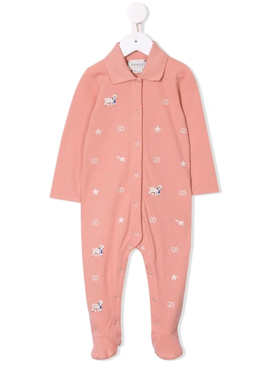 Gucci Babies' Lamb Embroidered Pajamas In Pink