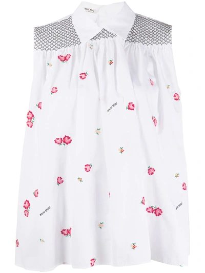 Miu Miu Floral Embroidered Sleeveless Shirt In F0009 White