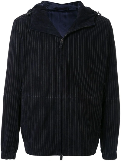 Giorgio Armani Striped Zip-up Hooded Jacket In Blue