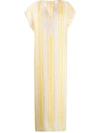 Tory Burch Awning Appliquéd Striped Linen-gauze Kaftan In Sunny Yellow